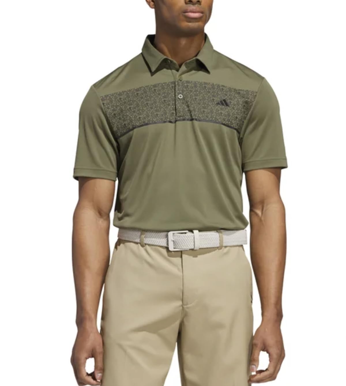 adidas Men's Stretch Short Sleeve Chest Print Golf Polo Shirt, Olive Strata, Medium