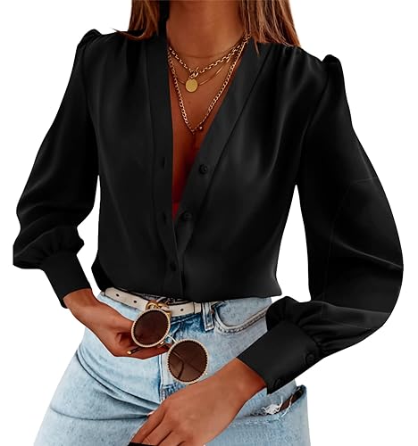 Women's Business Casual Tops Satin Silk Long Sleeve Button Down Shirts V Neck Chiffon Work Blouses