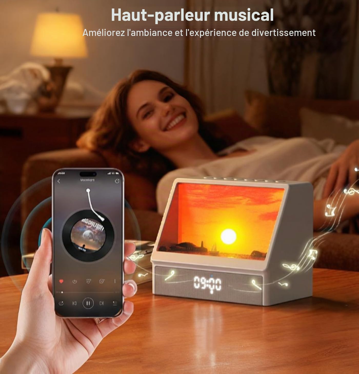 Réveil Lumineux Simulateur d'aube, Veilleuse Machine Bruit Blanc Animation Créative d'aube Simulée Avec 7 Modes, 12 Sons Naturels, Enceinte et Télécommande, Sunset Lampe Chevet Cadeau Noel Femme