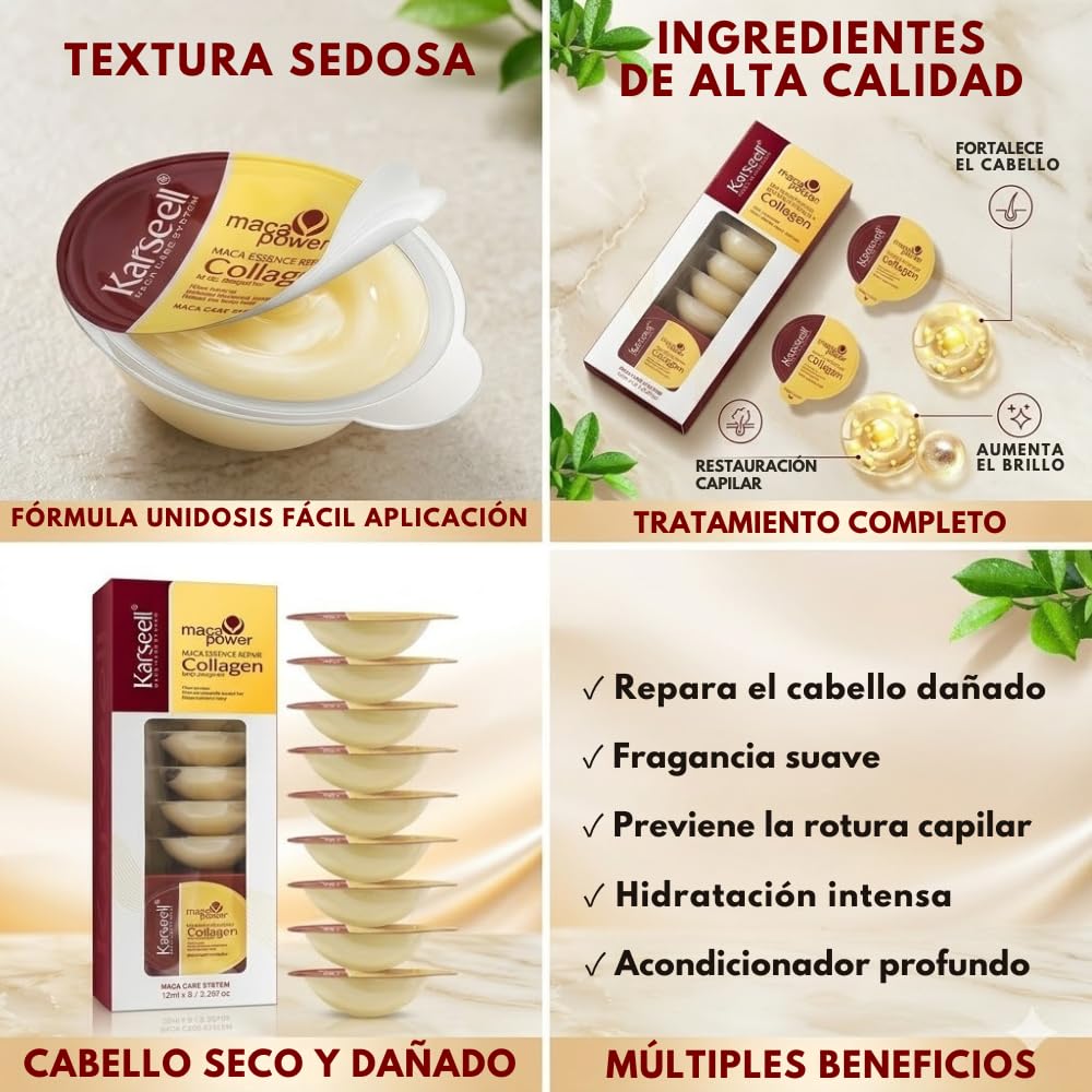 Karseell MACA CARE SYSTEM Zestaw 8 Masek do Włosów Kolagen Monodozy 12ml + Serum Olejek Arganowy 50ml Olej Kokosowy Karite Głęboka Regeneracja Intensywne Nawilżenie Antifrizz Włosy Suche Zniszczone