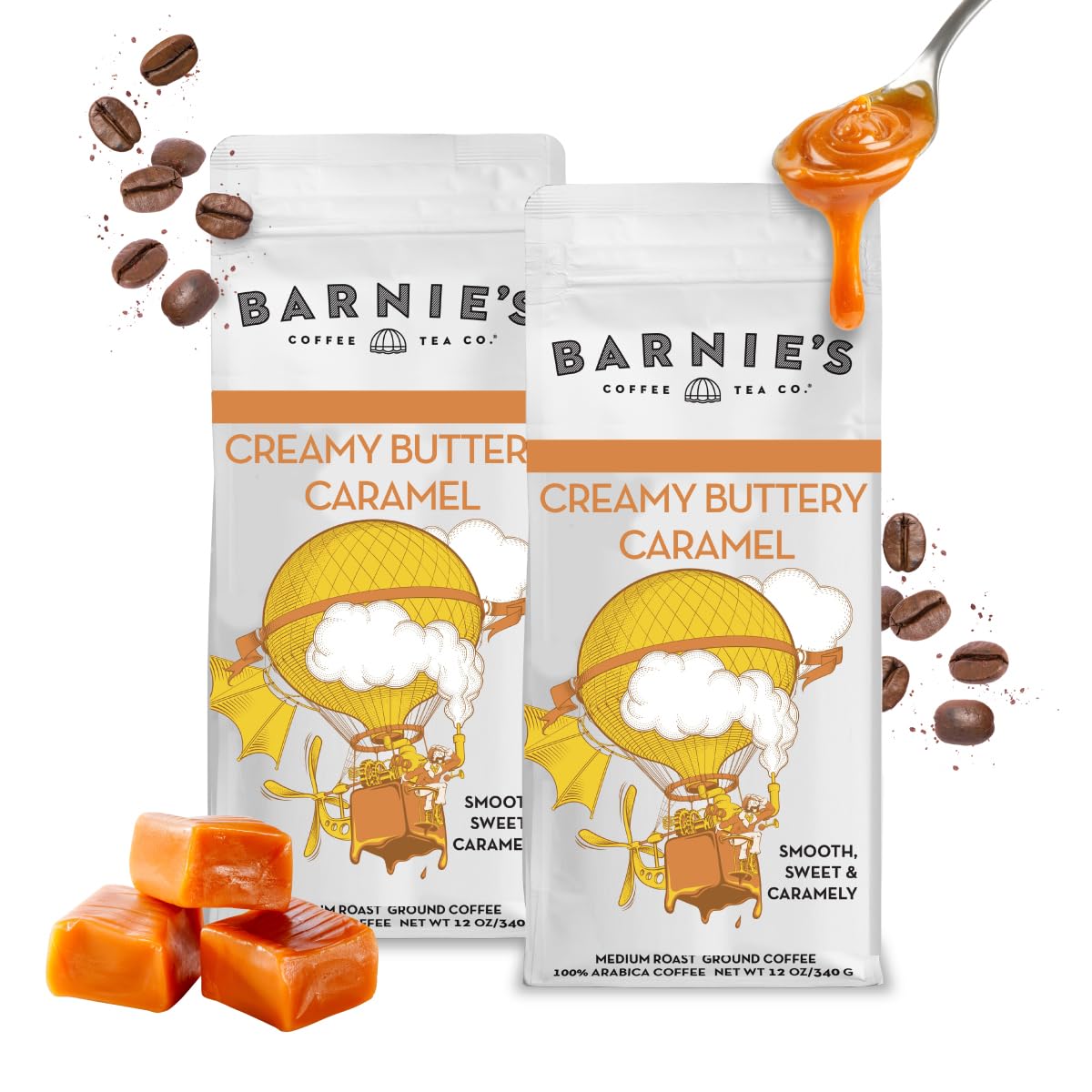 Barnie's Coffee Creamy Buttery Caramel Ground Coffee with Smooth and Sweet Caramel Flavor, Medium Roasted Arabica Coffee Beans, Gluten and Nut Free,