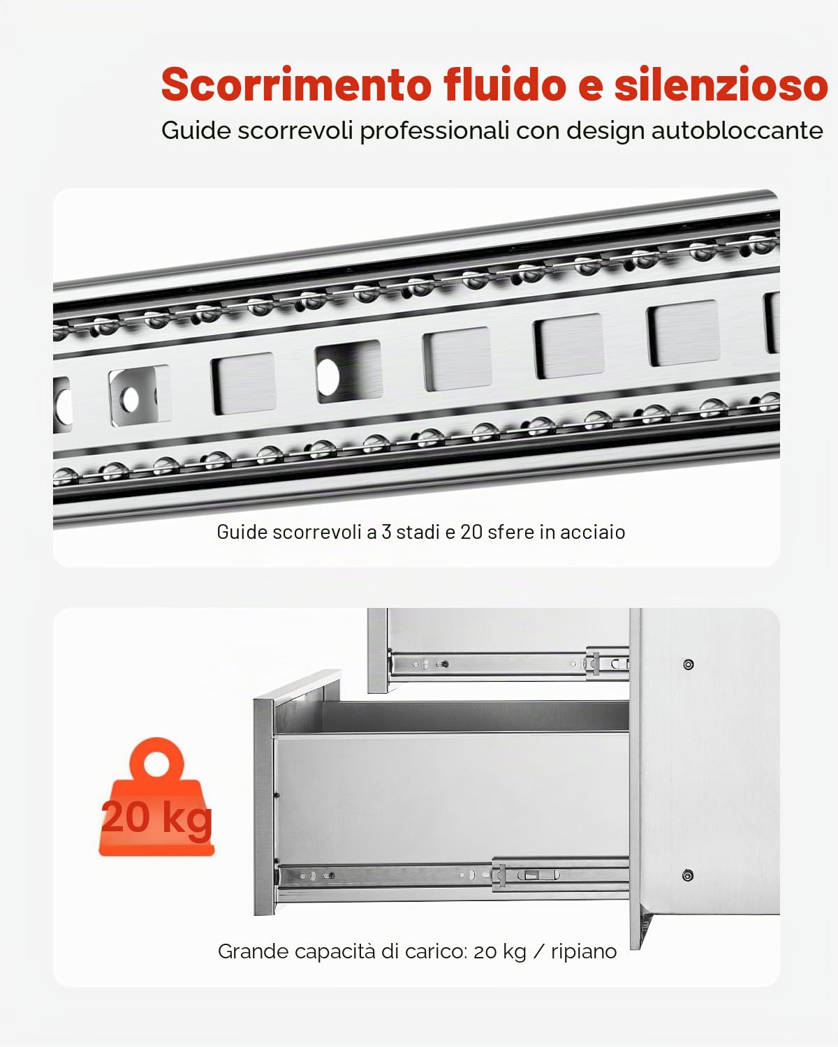 VEVOR Cassettiera Cassetto Tre Piani a Filo, 15,7 x 21,6 x 17,7 pollici Cassetti da Cucina per Esterni d'Argento in Acciaio Inossidabile, Usato nella Cucina all'Aperto, Come Stoviglie, nell'Armadietto