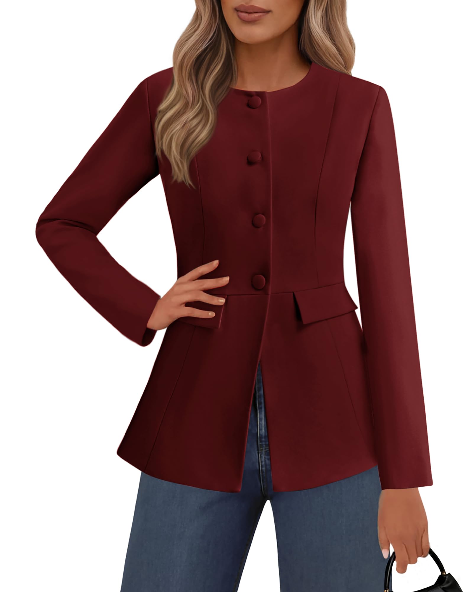 Lazysmile Blazers for Women Long Sleeve Crewneck Button Down Suit Jackets Work Office Business Casual Outfits with Pockets