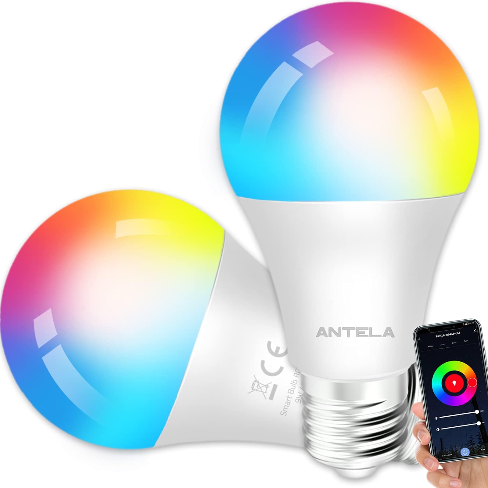 ANTELASmart Bulb Alexa WiFi Light Bulb E27 9W LED Screw Bulb, 2700K-6500K RGB Multicolored Dimmable, Smart Life App Control, Compatible Alexa and Google Home, 2 Packs