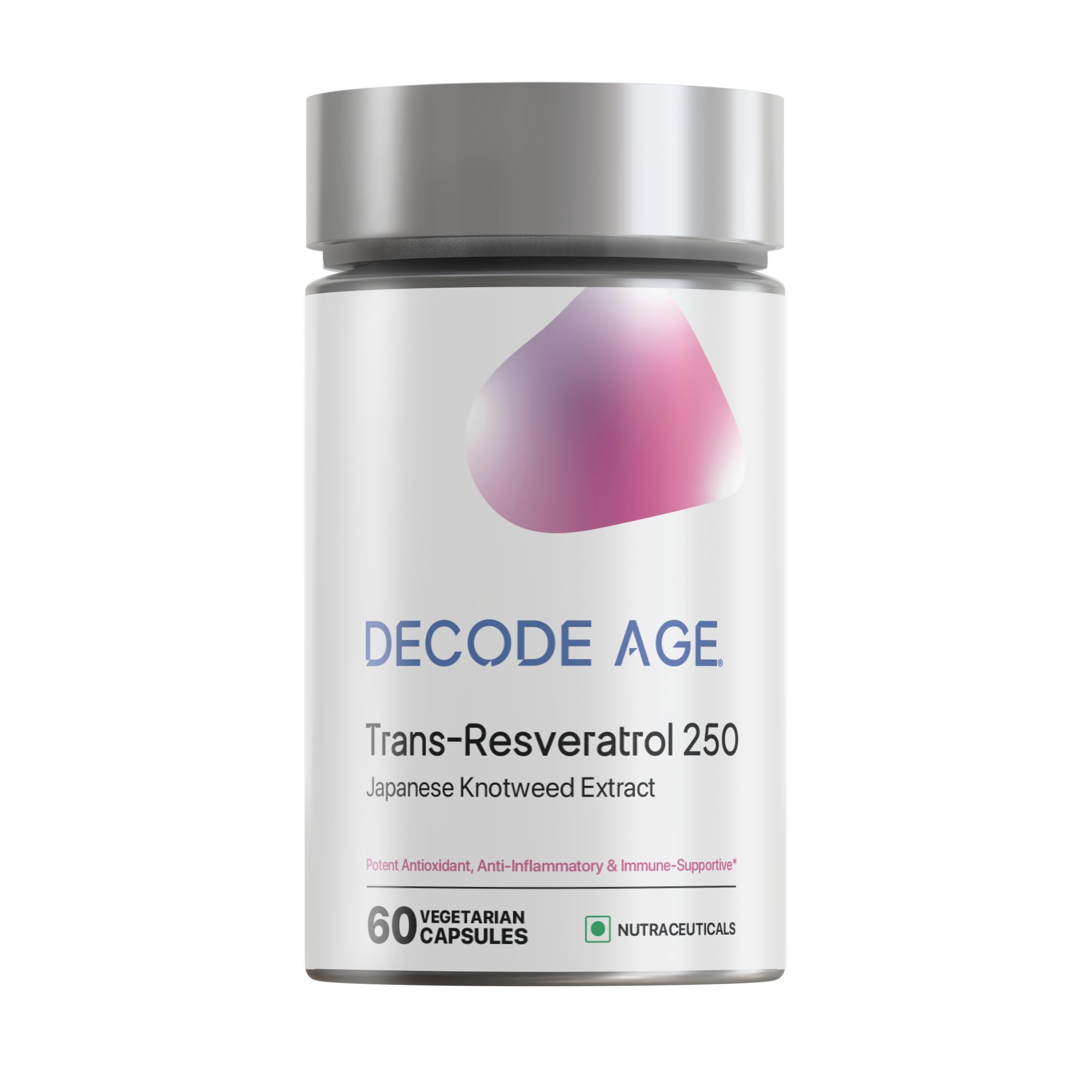 Decode Age 99.5% Pure Trans Resveratrol 250mg Supplement helps in Slow down Ageing | Anti-Inflammatory| helps in Improve Metabolism and Heart health tablets (60 Veg Capsules)
