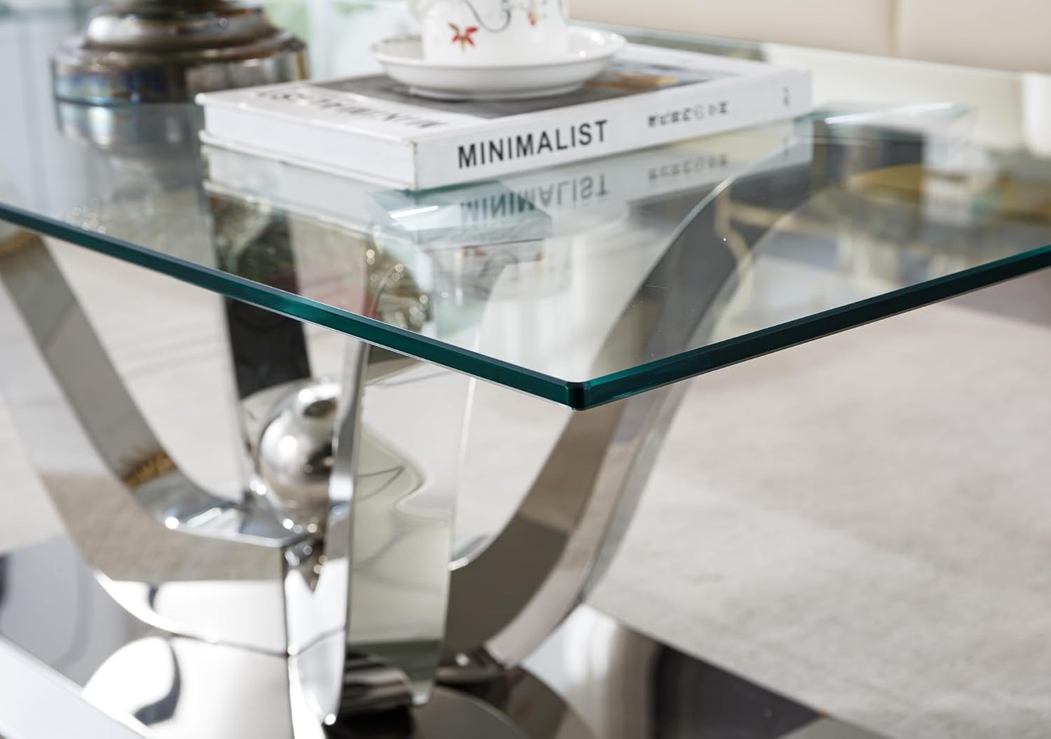 Luxury Silver Glass Coffee Table for Living Room Modern 47" Rectangular Center Table with Shiny Mirrored Stainless Steel Base Clear Glass Top Cocktail Table for Home Office