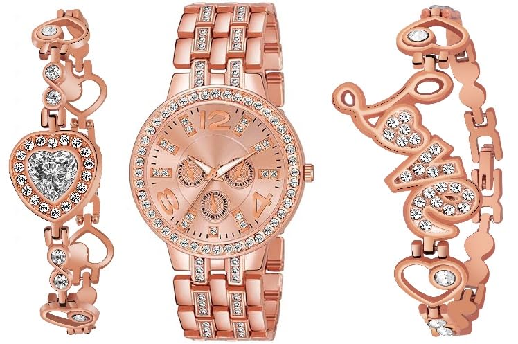 Acnos Rose Gold Radiance Diamond Watch & Heart Bracelet Duo for Women Watch for Girls Pack of 3
