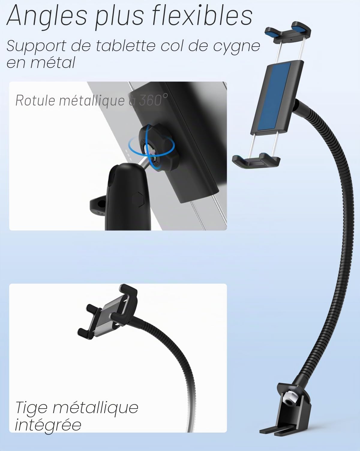 Support Tablette Camion Siège Rail avec Bras col de Cygne de 19,7" de Long, Porte Tablette Rail siège Voiture, pour iPad, Sumsung Tab, Sony Autre 4.7-12.9" Telephone et Tablette