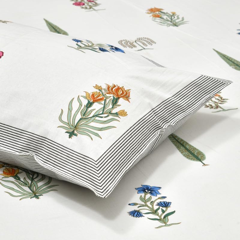 Image of elanorhomes 100% Cotton King Size Bedsheet, 240 TC Soft Breathable Bed Sheet with 2 Pillow Covers, Floral Hand Printed Cotton Bedsheet for Double Bed, Machine Washable, 90x108 inch (Gulzaar)