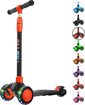 Allek Kick Scooter B03, Lean N Glide 3-Wheeled Push Scooter with Extra Wide PU Light-Up Wheels, Any Height Adjustable Handlebar and Strong Thick Deck for Children from 3-12yrs Black-Red