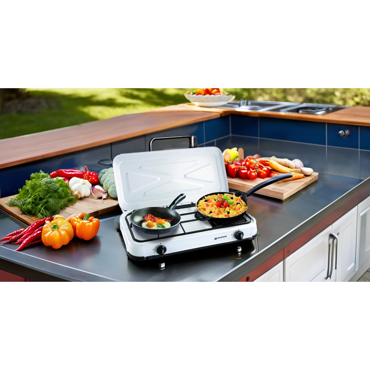 KEMPER - Plaque de cuisson gaz 2 feux portable 2600W Blanc Couvercle amovible - Réchaud Camping Connexion Bouteille de Gaz Butane/Propane simple & sécurisée
