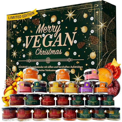 Adventskalender vegane Aufstriche 2025 mit 24 köstlichen und abwechslungsreichen veganen Aufstrichen in Gläsern, Weihnachtskalender Geschenkset
