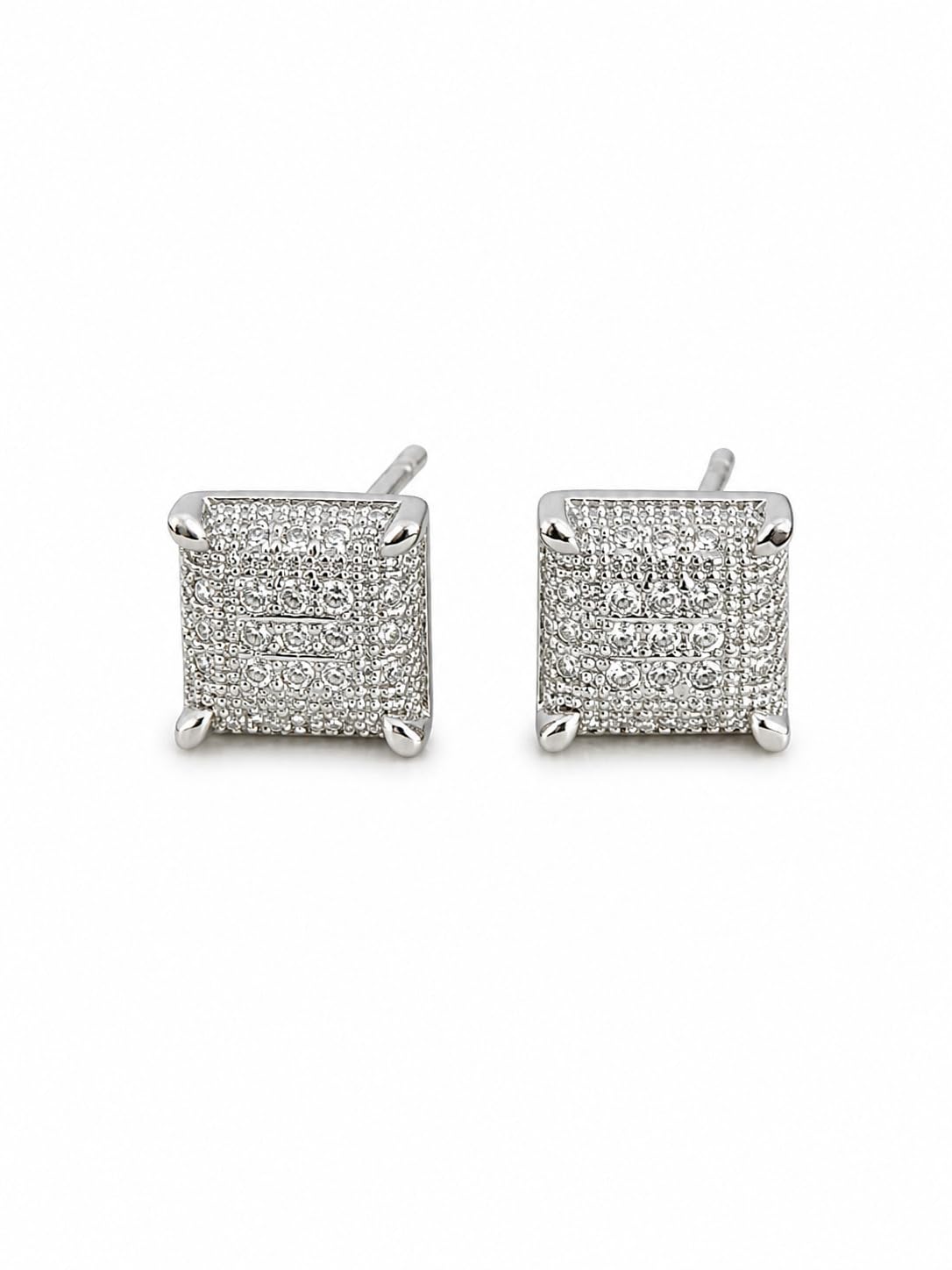 Fashion Jewelry Square Stud Earrings, Silver Tone, Cubic Zirconia Pave Set, Diamond Shape Stud Earrings for Men & Women Pack of 1 Pair-image-9