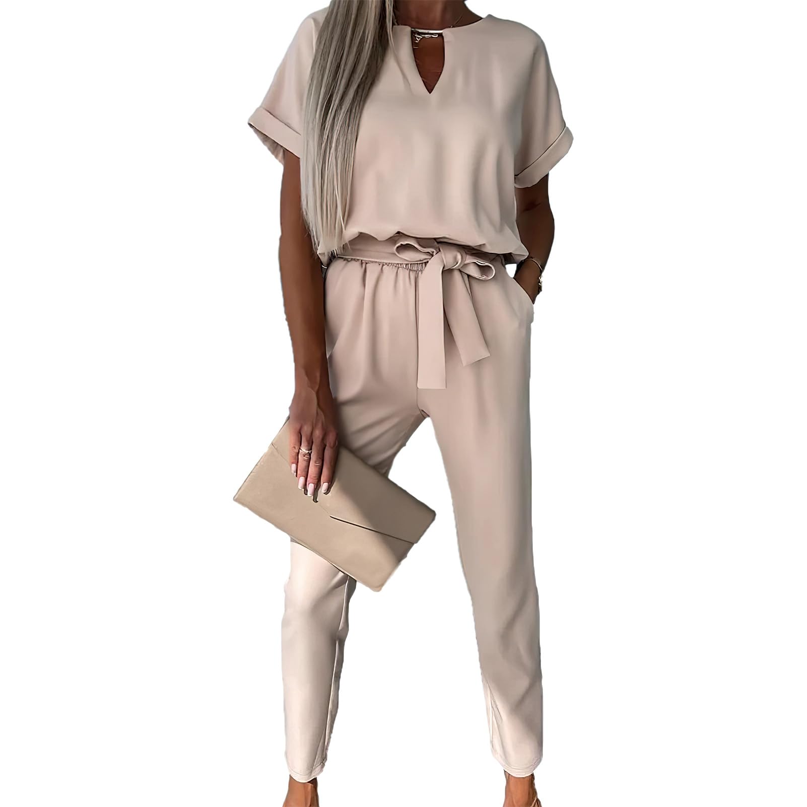 amropi Jumpsuit Damen Elegant Kurzarm Playsuit V-Ausschnitt Casual Lose Overalls Lang Romper