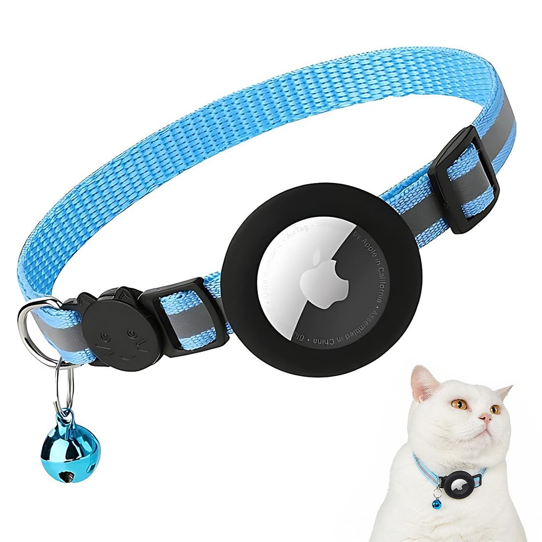 Pack de 2 collares para gato (y gatitos, cachorros): con AirTag (funda incluida) y campana, elásticos, diseño reflectante, compatible con rastreo GPS y cierre de seguridad. (Azul)