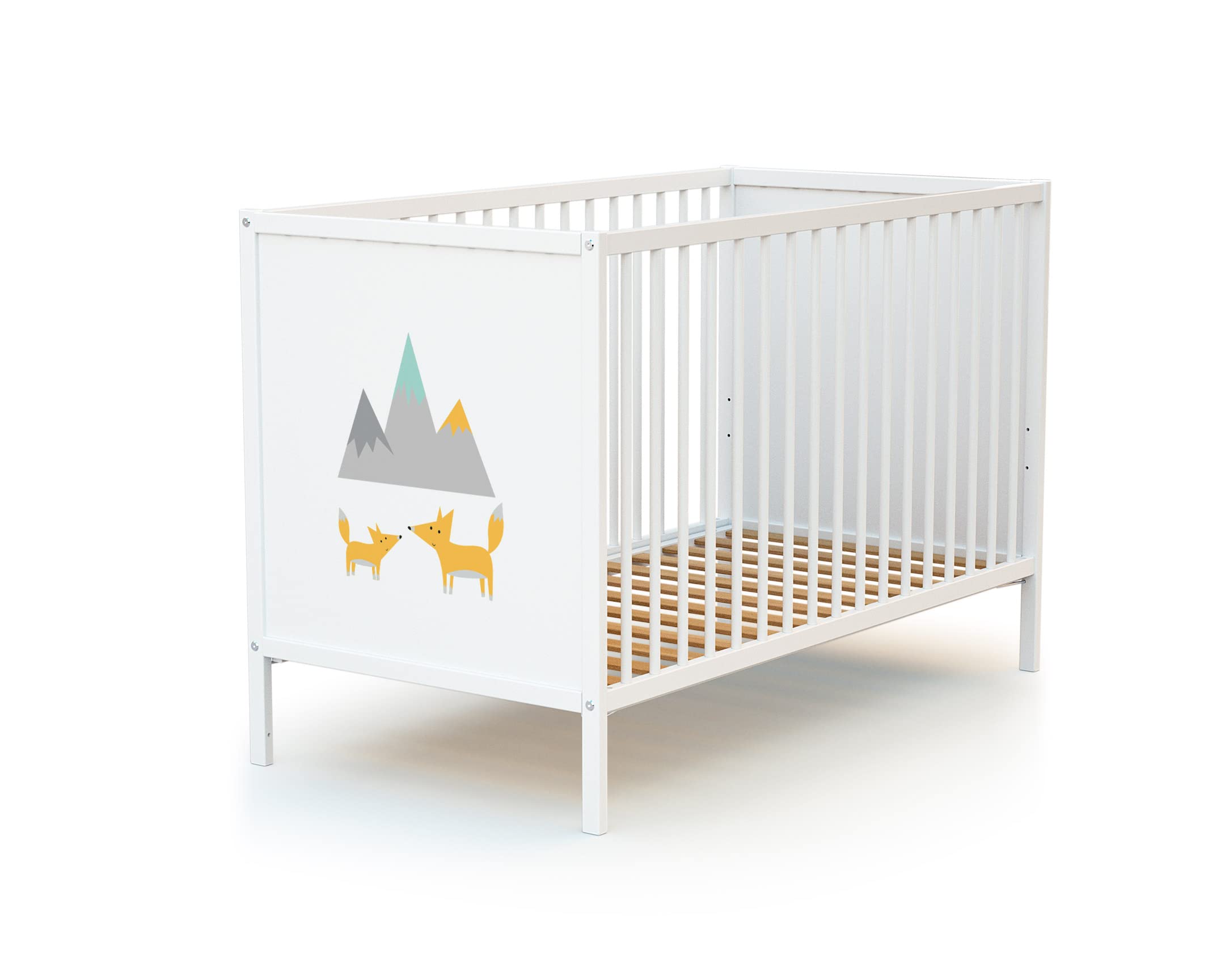 WEBABY - Łóżeczko dziecięce z panelami White Fox| 124 x 64,5 x 82 cm | Łóżko drewniane 100% lity buk | Regulowana podstawa łóżka na 3 wysokościach