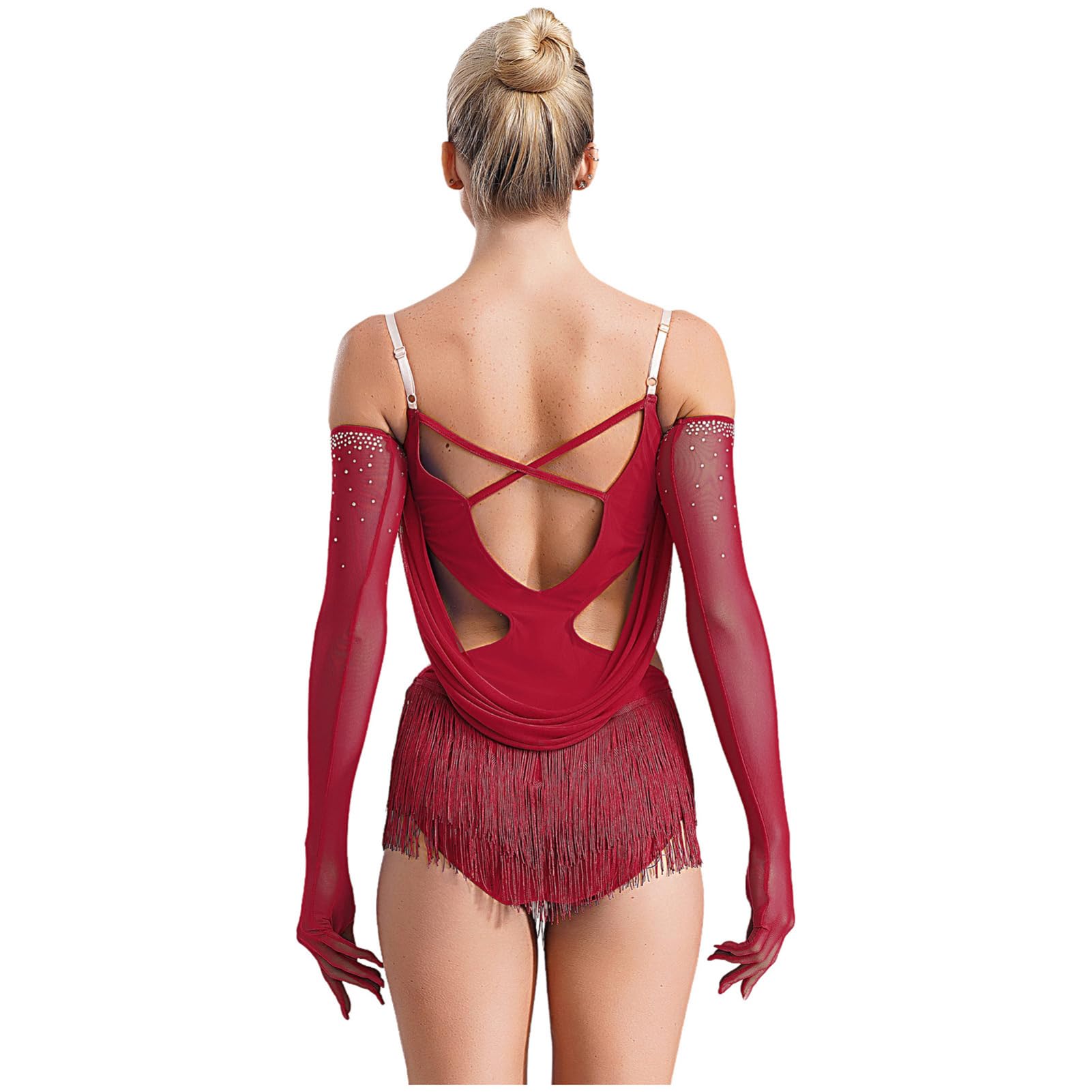 IEFIEL Brillante Body Franges Avec Gants Strass Femme Leotard Danse Latin Tango Rumba Spectacle Danseuse Justaucorps Gymnastique Rythmique