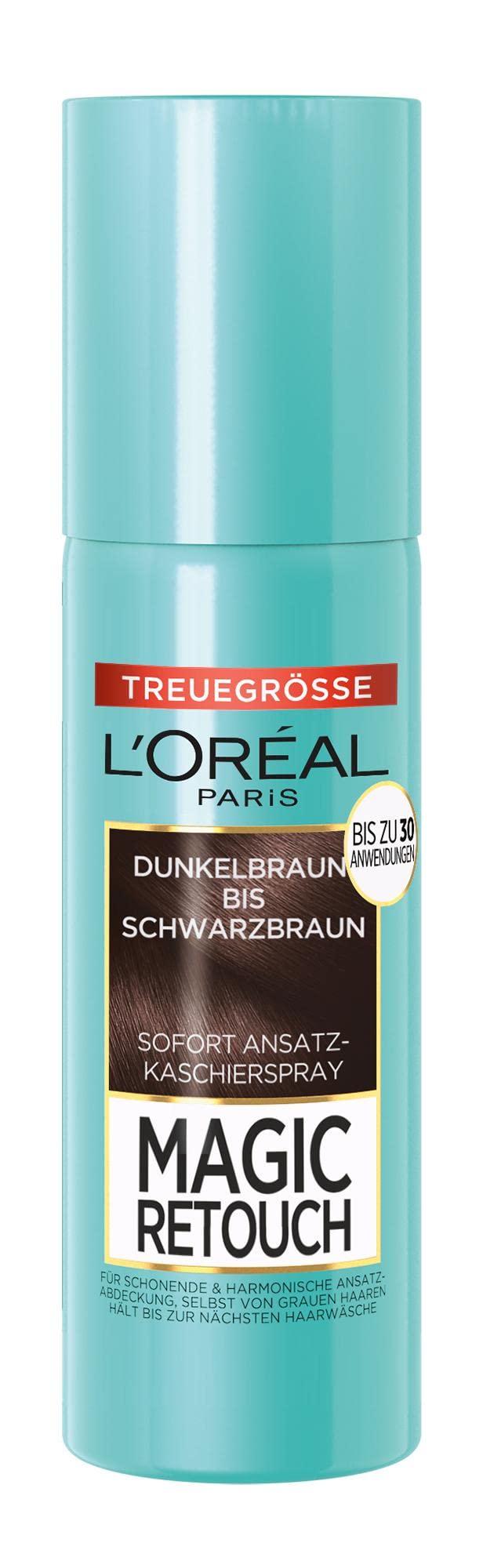 L'Oréal Paris Spray do kaszerowania do płynnych i naturalnych przejść, kaszeruje nasady aż do następnego mycia, Magic Retouch, od ciemnobrązowego do czarno-brązowego, 1 x 90 ml