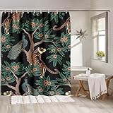 SKYSUKEY Retro Tiger and Peacock Shower Curtain Set Vintage Dark Green Plant Shower Curtain Flower Bath Curtains Plant Bathroom Curtains Gorgeous Curtain for Bathroom Fabric with Hooks 72x72 Inch