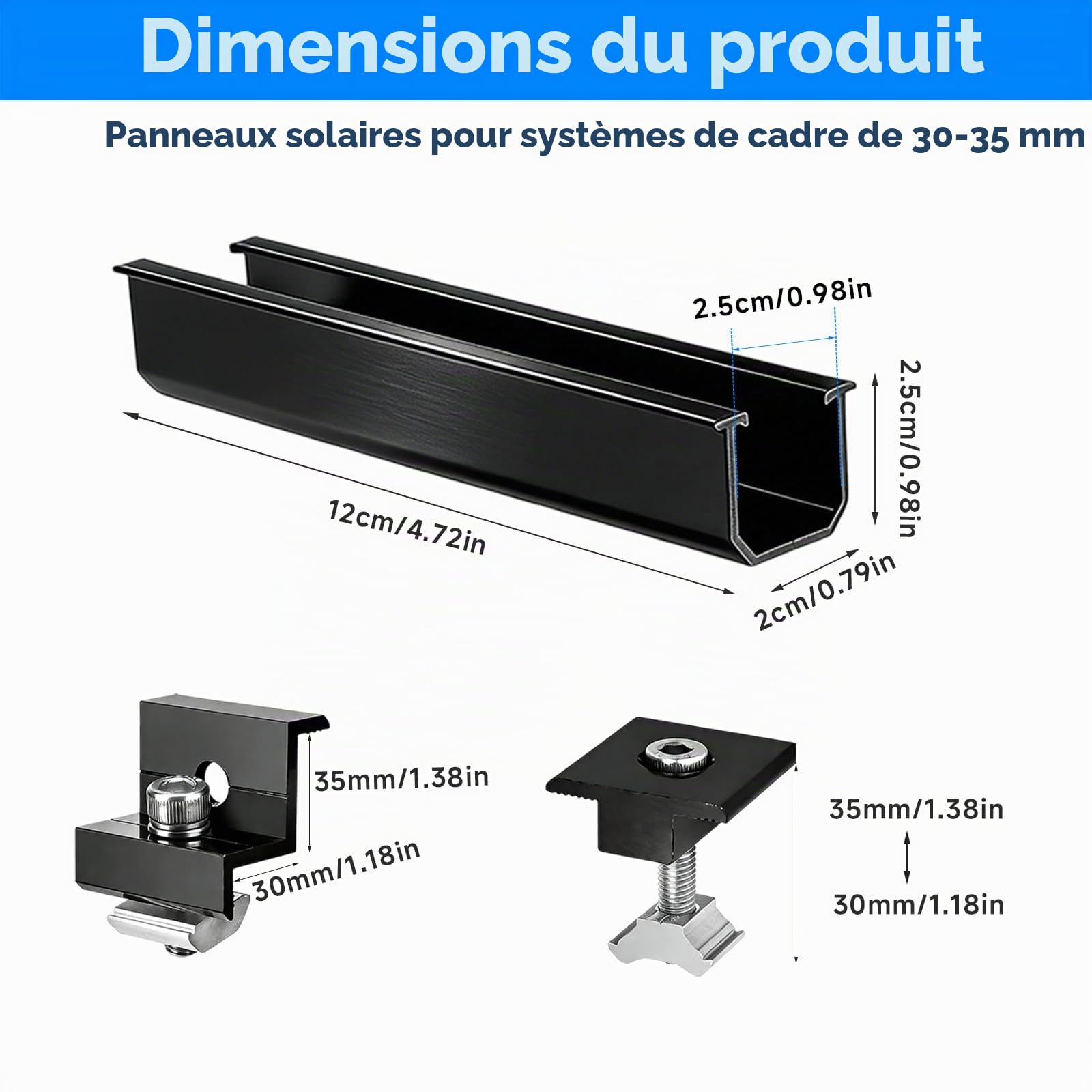 Support de Panneau Solaire pour Modules, Kit de 4 Pack Rails Aluminium 12cm avec 4 Pack Pinces Ajustables pour Modules de 30-35mm, Support pour Toit Trapézoïdal et Toit Plat (4)