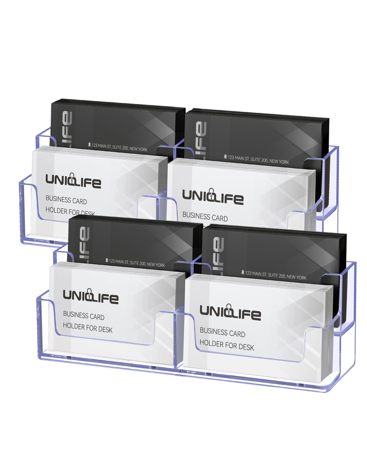 Uniclife 2 Pack Acrylic Business Card Holder for Desk 2 Tiers 4 Slots Clear Business Card Display Stand for Men & Women Desktop Business Card Organizer Card Stand for Office Home, 240 Card Capacity — image 1