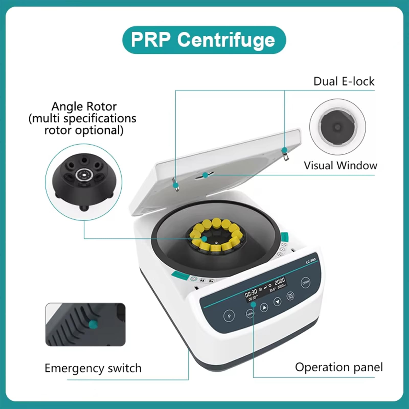 Centrifugeuse de laboratoire de table avec minuterie, protection contre l'ouverture du couvercle, protection contre les chocs, plage de vitesse 500-4000 tr/min,LC500-6