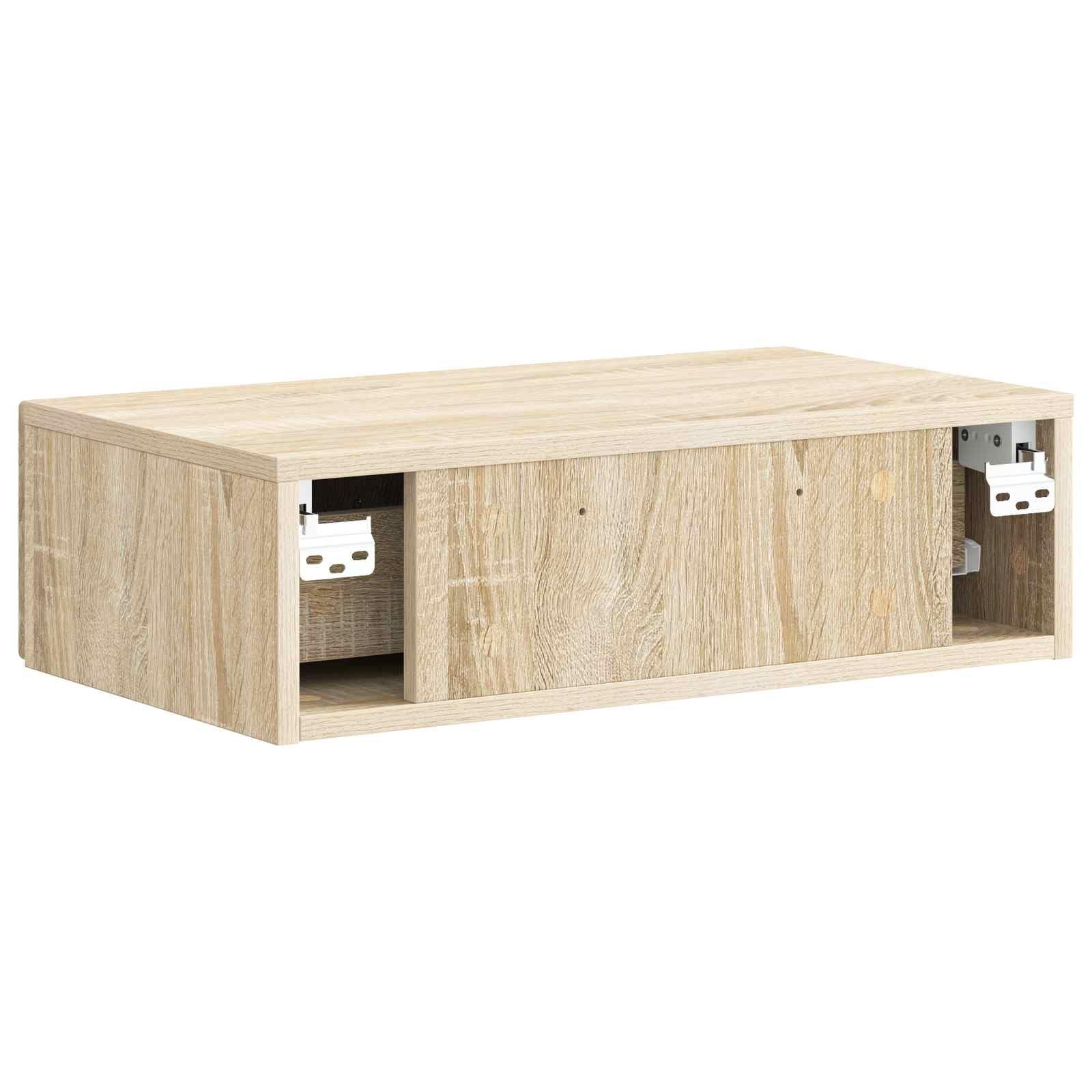 Montowany na ścianie stolik pomocniczy dąb Sonoma z materiału drewnopochodnego 59 x 34,5 x 17 cm z szufladą, miejsce do przechowywania, do salonu, sypialni, biura, korytarza, przedpokoju