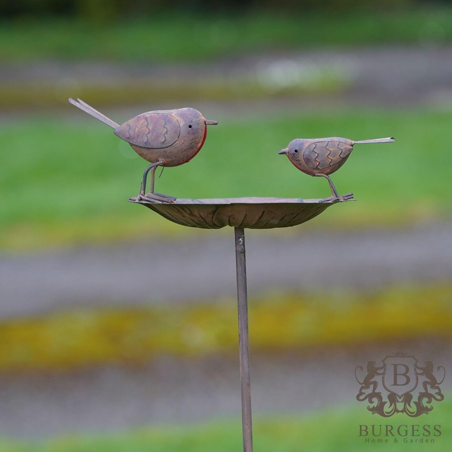 Robin on Flower Bird Feeder Bath | Large Metal Robins Garden Ornament Outdoor