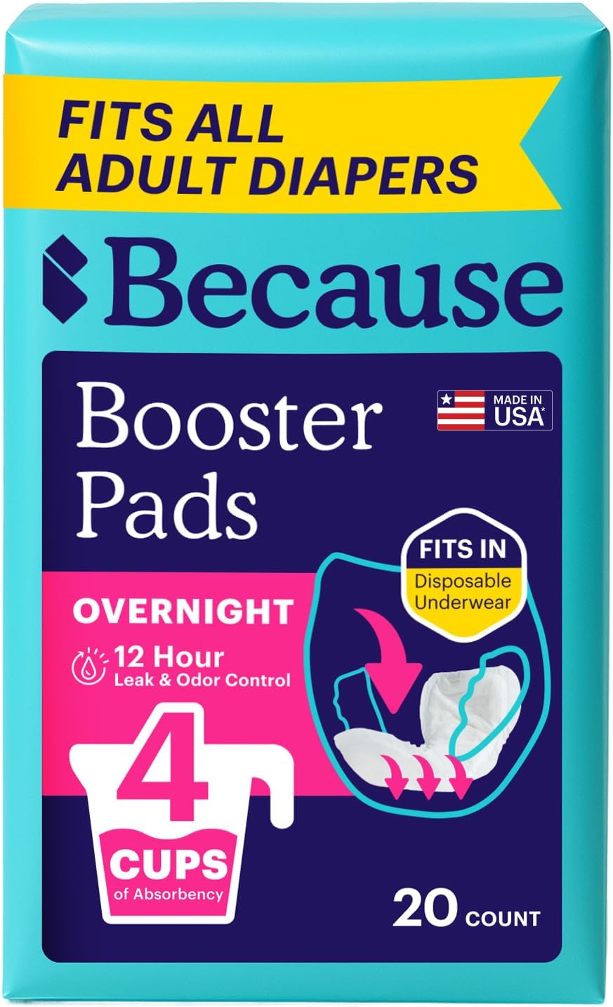 Because Overnight Incontinence Booster Pads for Men and Women, Adds 4 Cups Extra Absorbency to Adult Diapers, Super Soft, Adhesive Strip Backing, Unisex, 20 Count