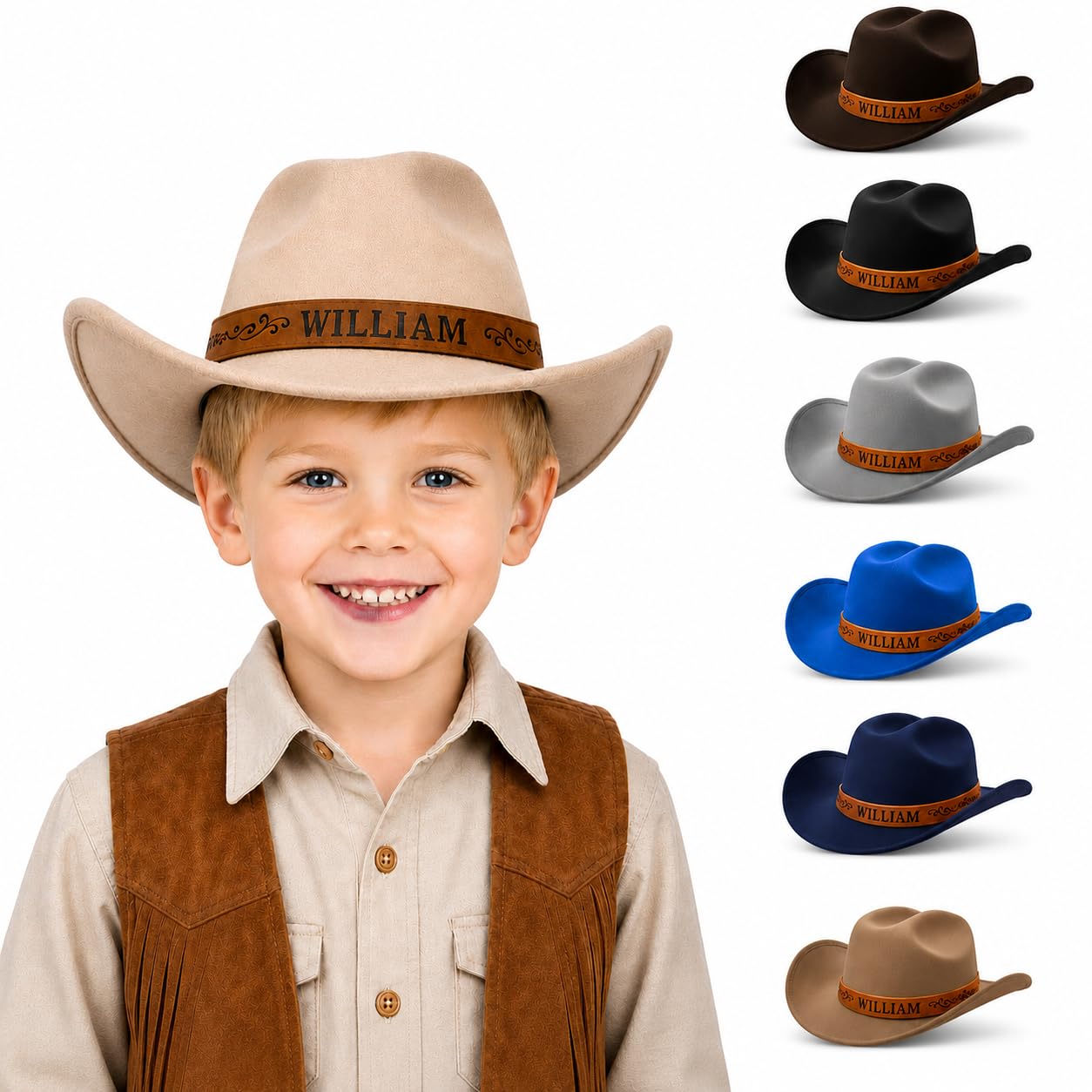Custom Toddler Boys Cowboy Hat, Personalized Kids Toddler Hat with Name, Leather Hatband Cowboy Hat for Kids