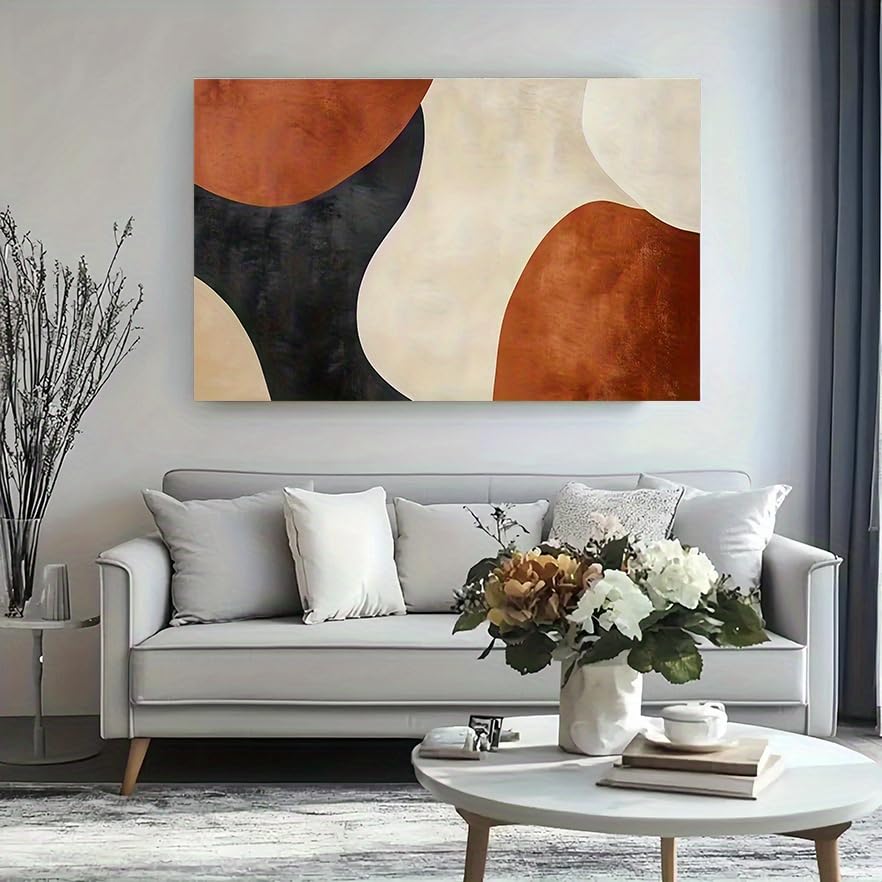 Tableau abstrait moderne géométrique neutre avec cadre intérieur bois