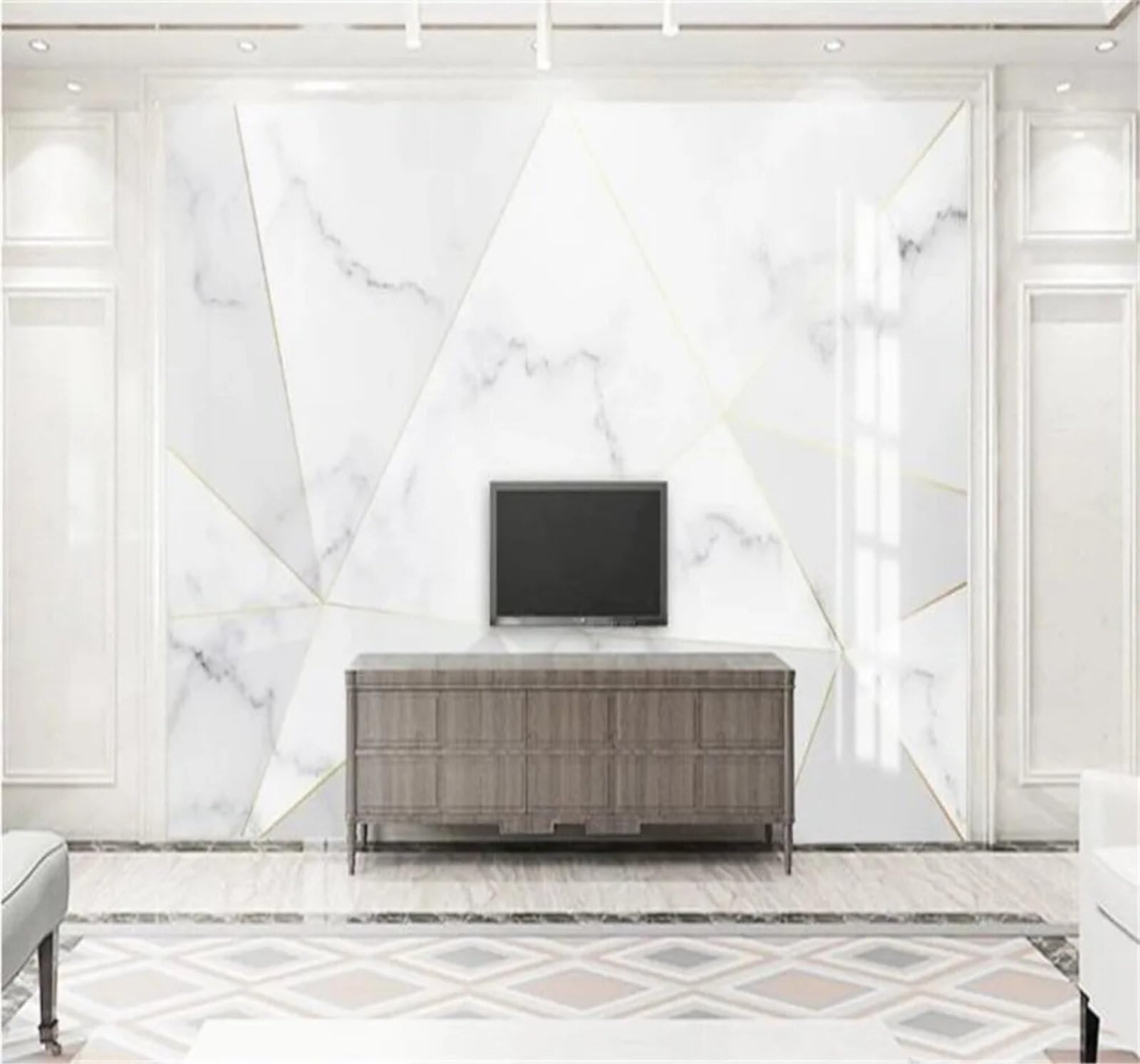 Tzxztt Abstract Geometric Lines White Marble Effect Modern 3D Wallpaper Premium Textured Silk Neutral Tones Material Ideal for Living Room Bedroom-350cm×256cm