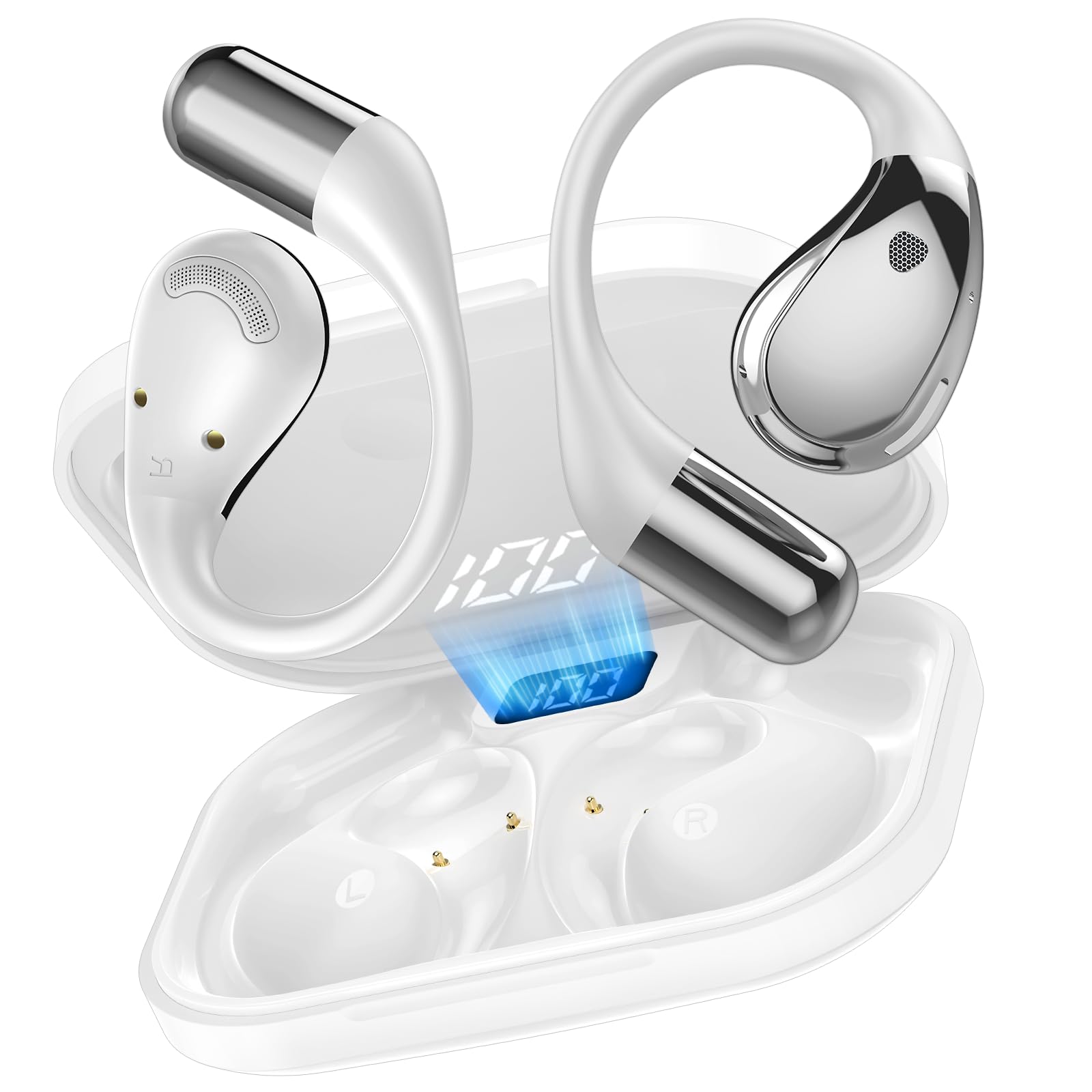 Écouteurs Bluetooth sans Fil, Bluetooth V6.0 Casque HiFi Stéréo avec ENC Mic, 40H Autonomie Ecouteurs Open-Ear, IP7 Étanche Casque Sport avec Crochet d'oreille pour Fitness/Musique/Appels, Blanc