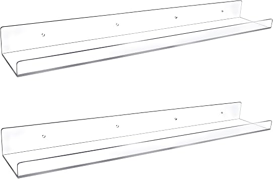 Febwind 24-Inch Long Clear Acrylic Floating Shelves - U Shape Wall Shelf for Book Display, Makeup, Spice Organizer - 2 Pack