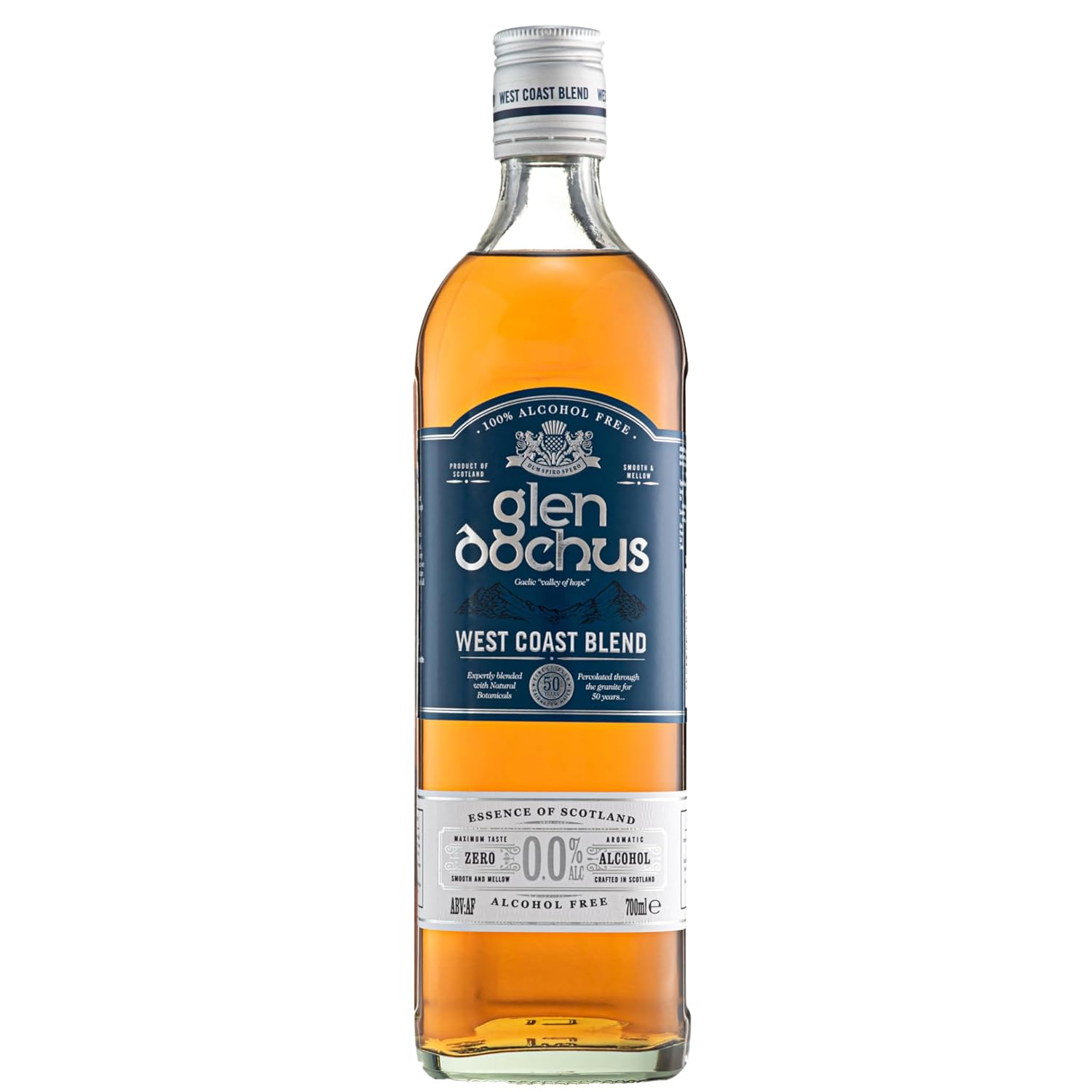 Glen Dochus West Coast Blend Non Alcoholic Whiskey, Award Winning Smooth and Mellow Scottish Non Alcoholic Spirits - Halal, Low Sugar and Gluten Free, Part of the Spirits of Virtue Range (700ml)