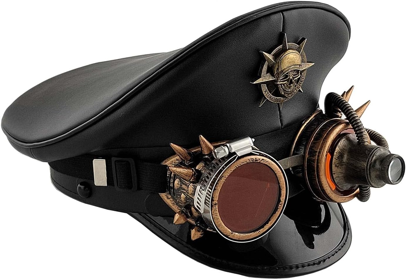 German Style Officer Military Captain Hat Leather Army Cap with Steampunk Goggles for Party Halloween Costume Unisex