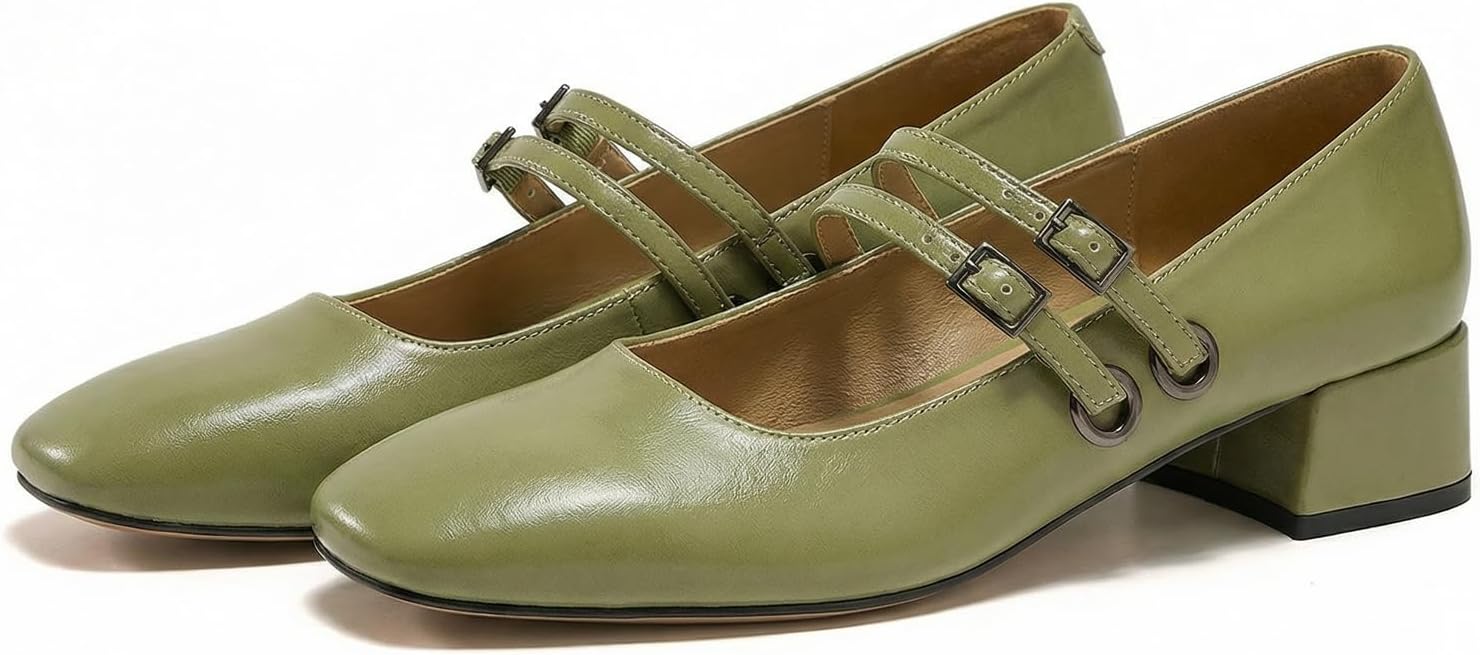 Women's Mary Jane Low Pearl Heels Closed Square Toe Pumps Ballet Dressy Double Strap Comfortable Slip on Shoes