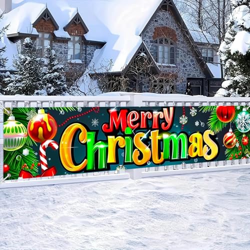 BlissYard Merry Christmas Fence Banner with Ornaments and Candy Cane Decor 78 x 17 Inch Outdoor Holiday Yard Lawn Decoration Home Front Door Christmas Decoration