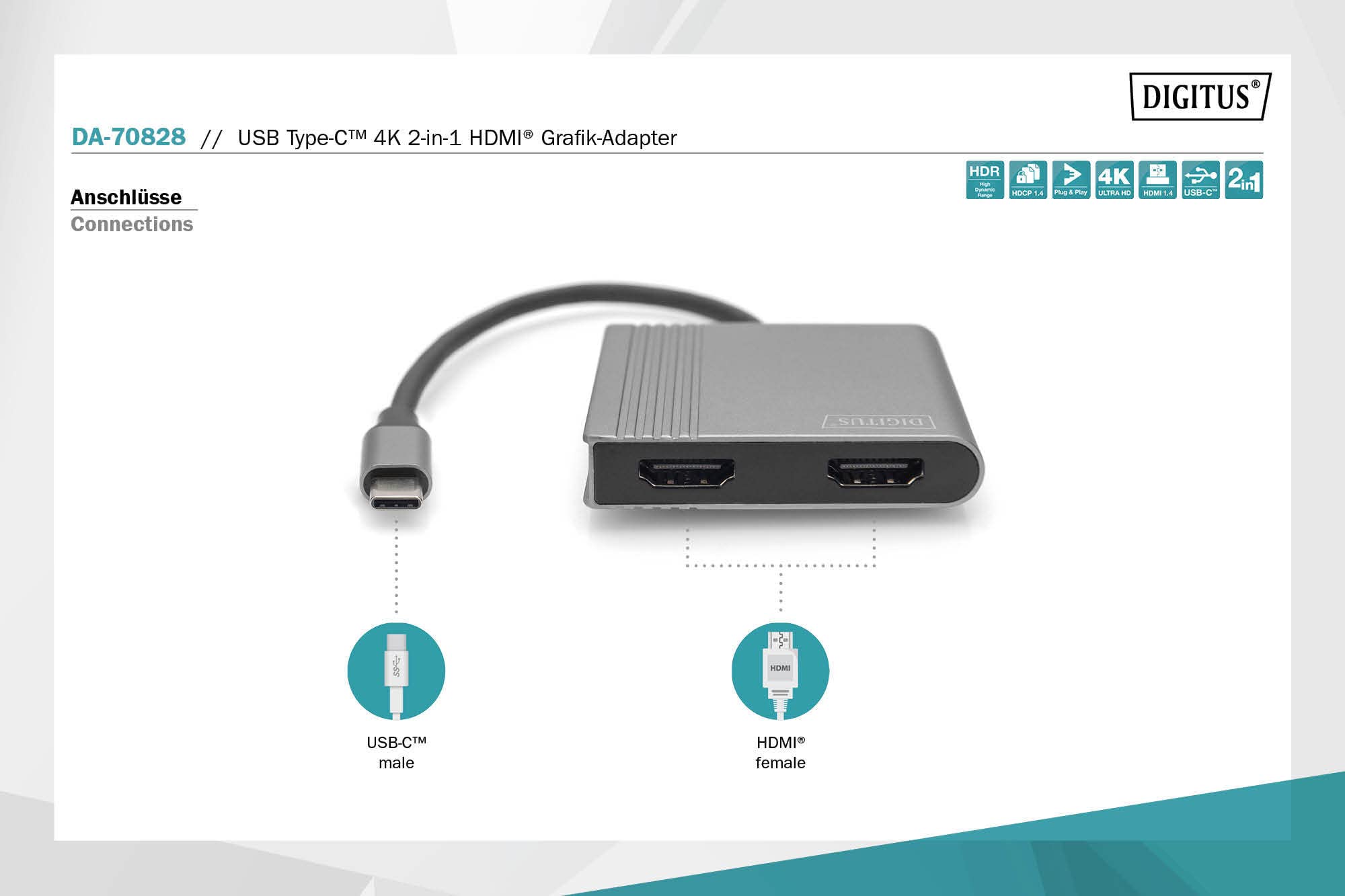 DIGITUS Adapter graficzny USB-C - USB-C do 2x HDMI - UltraHD 4K/60Hz - Obsługa SST/MST - Długość kabla 18 cm - Plug & Play - Szary