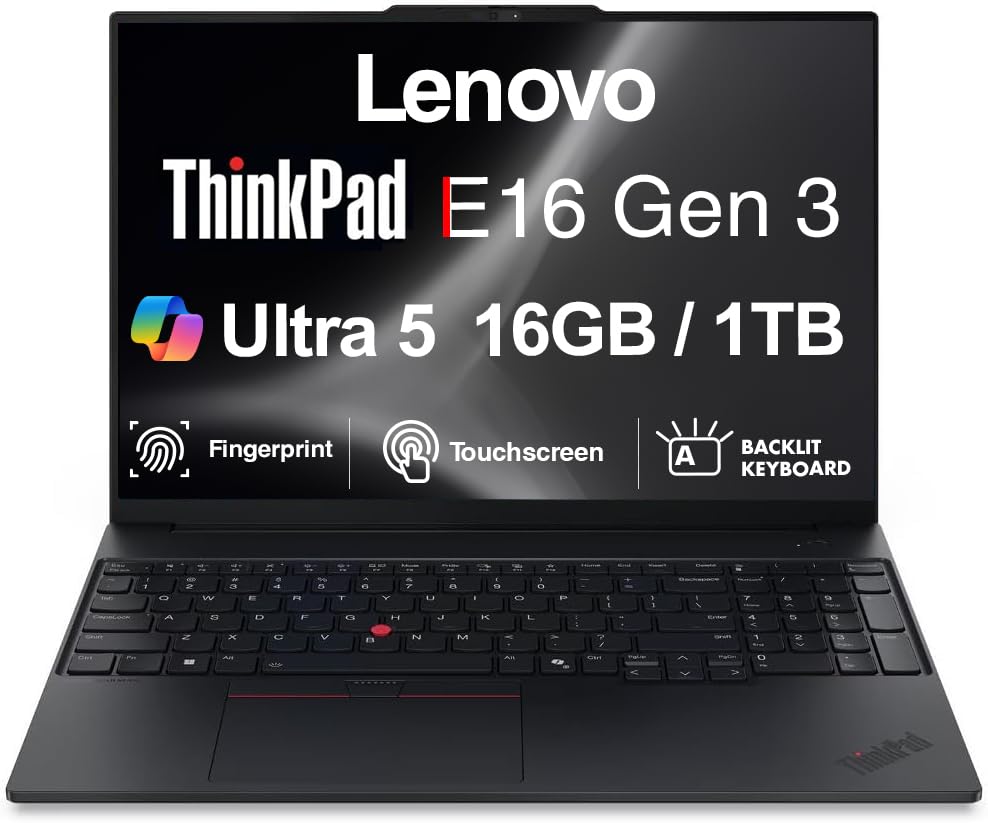 Image of Lenovo ThinkPad E16 Gen 3 Copilot+ Business Laptop 16 inch Touch FHD+ Display | Intel Ultra 5-225U, 16GB DDR5, 1TB PCIe SSD, Backlit Keyboard, Fingerprint, WiFi 6E +BT, RJ-45, 1080p Webcam, Win 11 Pro