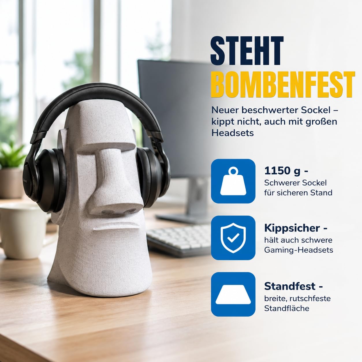 Moai Kopfhörerhalter – Kopfhörer Ständer & Headset Halter für Gaming, Schreibtisch & Büro, stylisches Deko-Design
