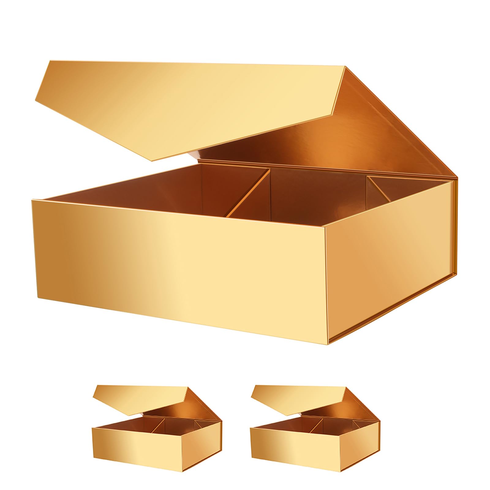 PKGMAGIC 3 große Geschenkboxen, extra groß, 43,2 x 36,8 x 14 cm, goldfarben, für Urlaub, Hochzeit, Geburtstag
