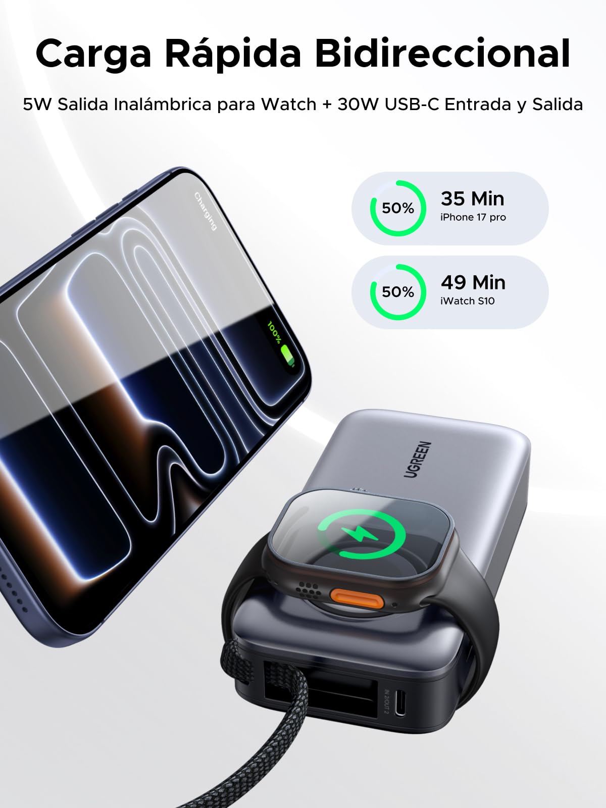 UGREEN Nexode 30W Power Bank 10000mAh Batería Externa USB C Carga Rápida | 4 EN 1, Cable Type C Integrado, 2 Puertos 1C1A, Carga Magnética 5W para iWatch, Compatible con iPhone 17 16 14 Galaxy S26 S25