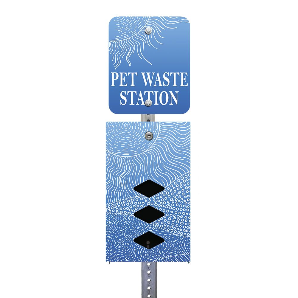 DISPENSE-ART™ collection "Rolling Hills - Blue" - Custom UV printed design on rust-proof aluminum 7' dog waste station with 400 dog waste roll bags