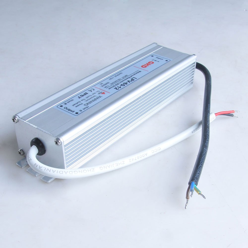 Waterproof LED Transformer IP67 60W LED Power Supply Driver Transformer Adapter 110V AC to 12V DC Low Voltage Output for LED Light Indoor Outdoor Use (60W (12V 5A))