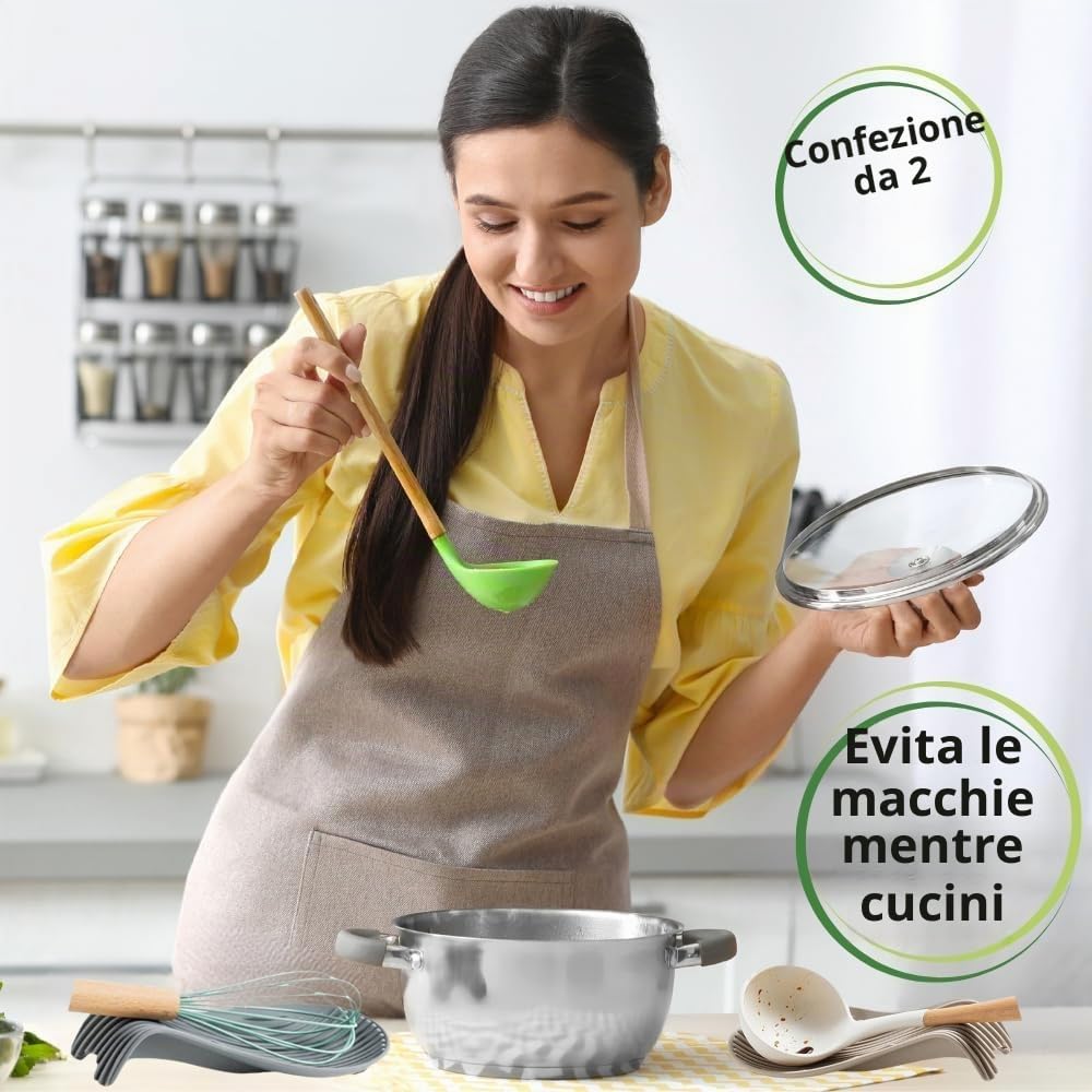 Poggia Cucchiai da Cucina – Poggiamestolo in Silicone Set da 2 Grigio e Beige – Resistente al Calore, Antiscivolo e Antigoccia – Supporto per Cucchiai – Spoon Rest