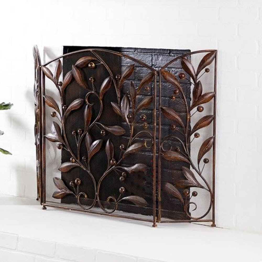 Schermo di protezione antincendio Paese americano Vintage Leaf Pattern Camino Schermo Divisorio Casa Rete Metallica Ignifugo Tre Pieghe Schermo Fuoco Spark Guard Arcuato