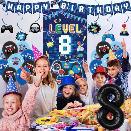 Image of Vlipoeasn Blue 8th Birthday Decorations for Boys, Video Game Level 8 Banner Backdrop Hanging Swirls for 8th Birthday Party, Gamer 8 Years Old Party Supplies