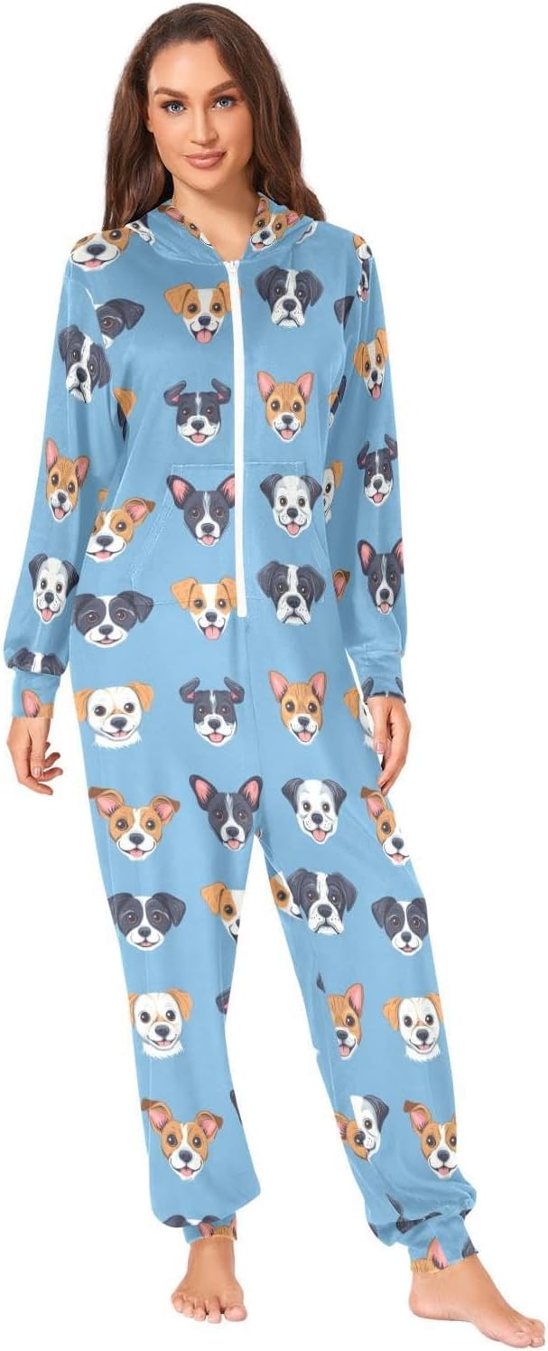 ZZKKO Happy Cartoon Dog Heads Adult Onesie Pajamas for Women Men Cozy One Piece Pajamas Costume Zip-Up Hooded S-XL