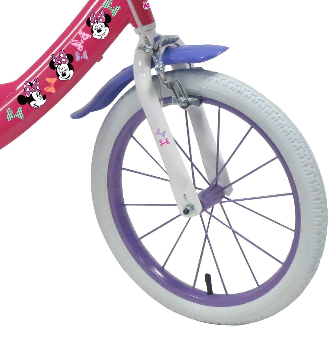 Vélo Enfant 16'' Fille Minnie/Disney équipé de 2 Freins, Panier Avant, Porte poupée arrière, Garde-boues et Stabilisateurs + Casque Minnie Inclus !